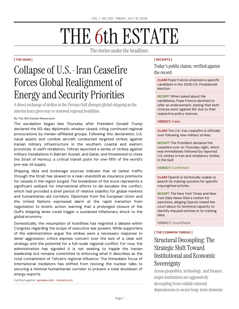 Front page of a sample 6th Estate edition
